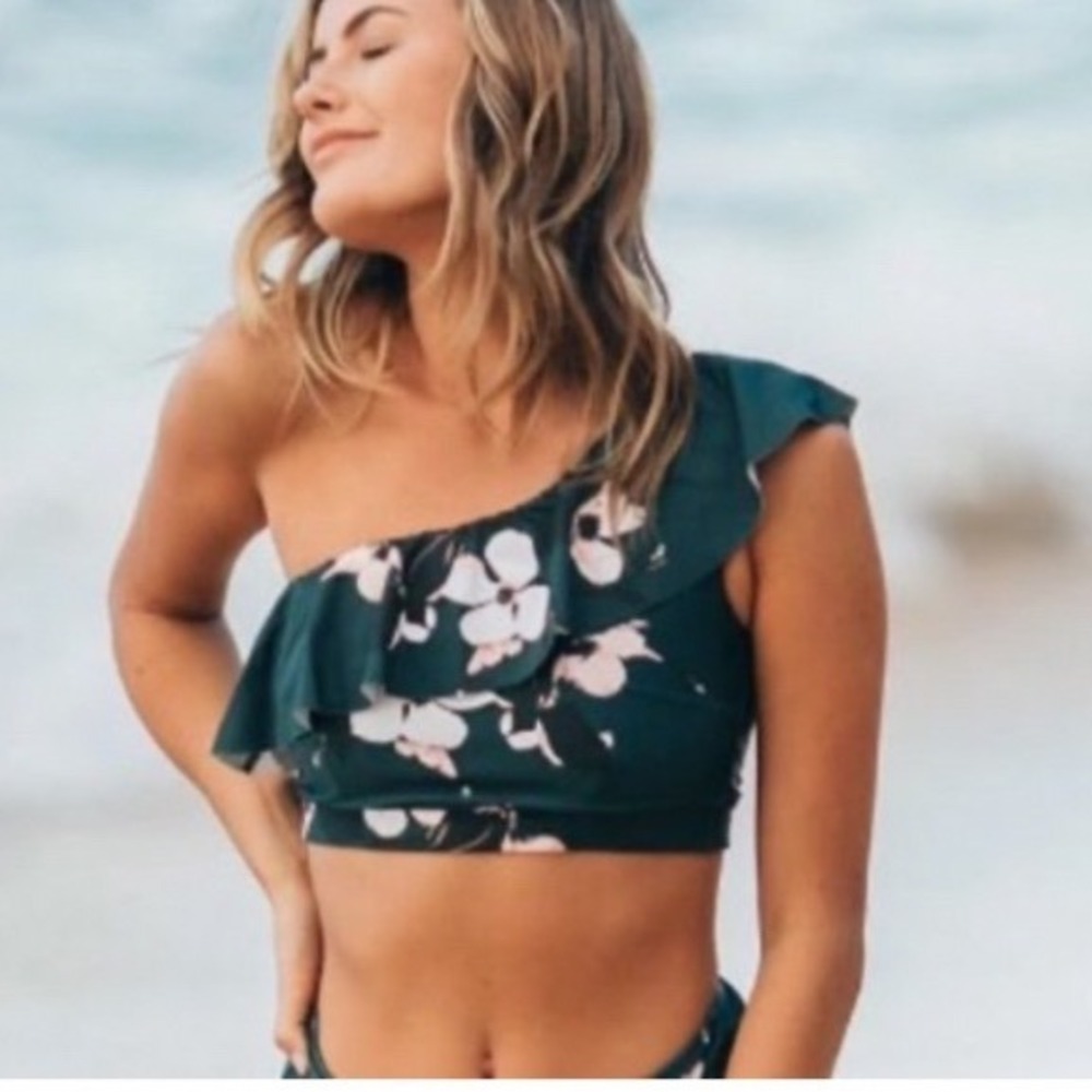 Albion Fit Icon Wave One Shoulder Ruffle Bikini Top Floral Teal Blue Large